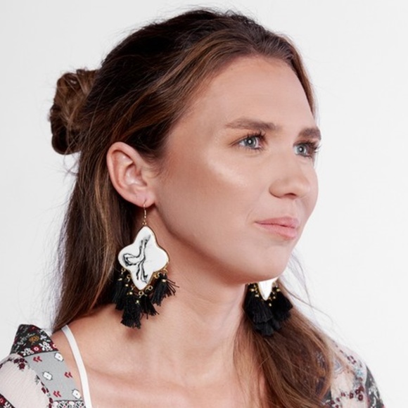 Stone Tassel Dangle Earrings - Picture 2 of 2